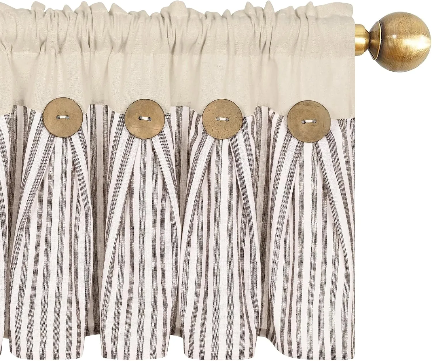 ASPMIZ Cotton Linen Kitchen Curtains 24 Inch Length Tier Curtain for Small Window Treatment, Boho Button Half Window Curtain Farmhouse, Brown Stripe Rod Pocket Short Curtains for Window Cafe Bathroom