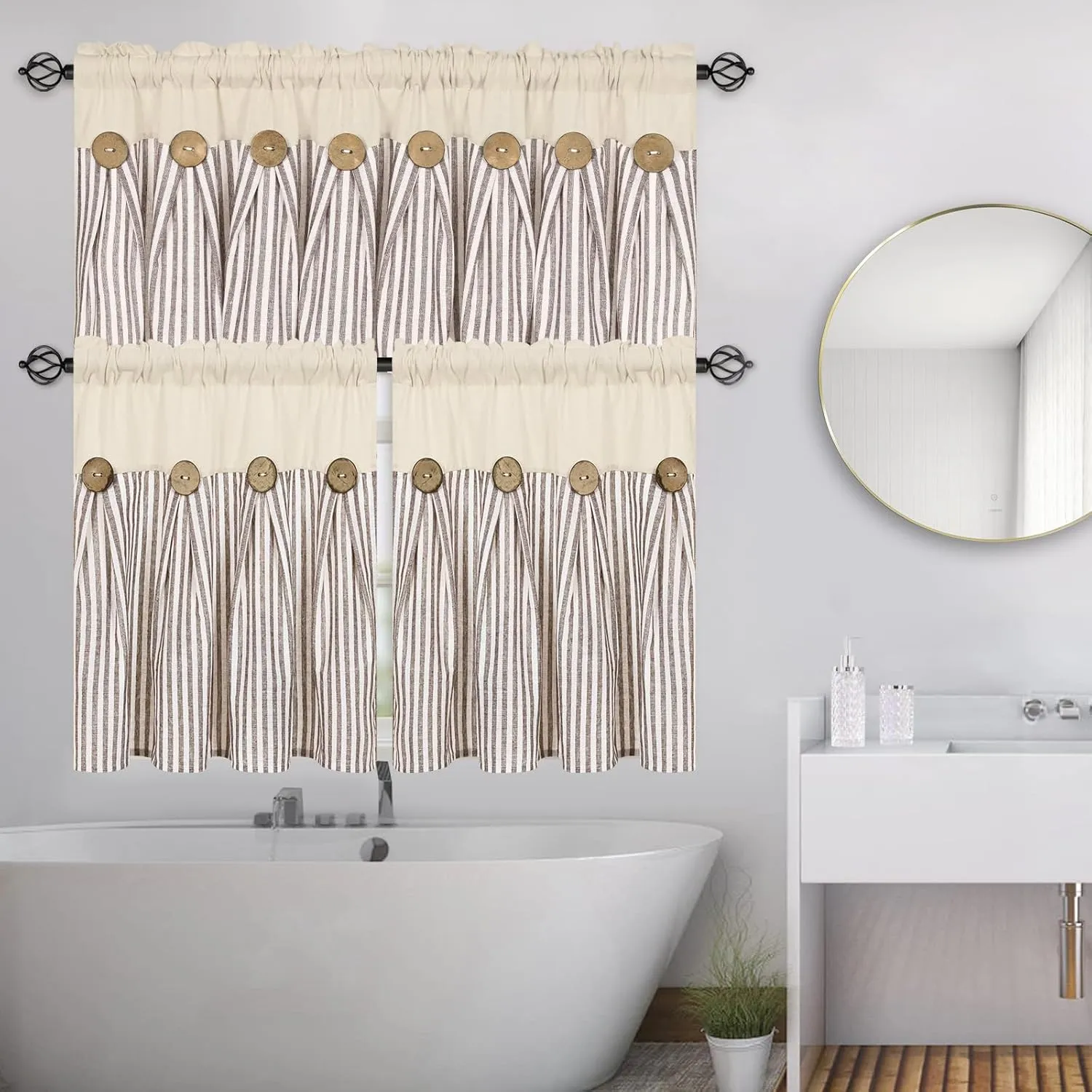 ASPMIZ Cotton Linen Kitchen Curtains 24 Inch Length Tier Curtain for Small Window Treatment, Boho Button Half Window Curtain Farmhouse, Brown Stripe Rod Pocket Short Curtains for Window Cafe Bathroom