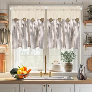 ASPMIZ Cotton Linen Kitchen Curtains 24 Inch Length Tier Curtain for Small Window Treatment, Boho Button Half Window Curtain Farmhouse, Brown Stripe Rod Pocket Short Curtains for Window Cafe Bathroom