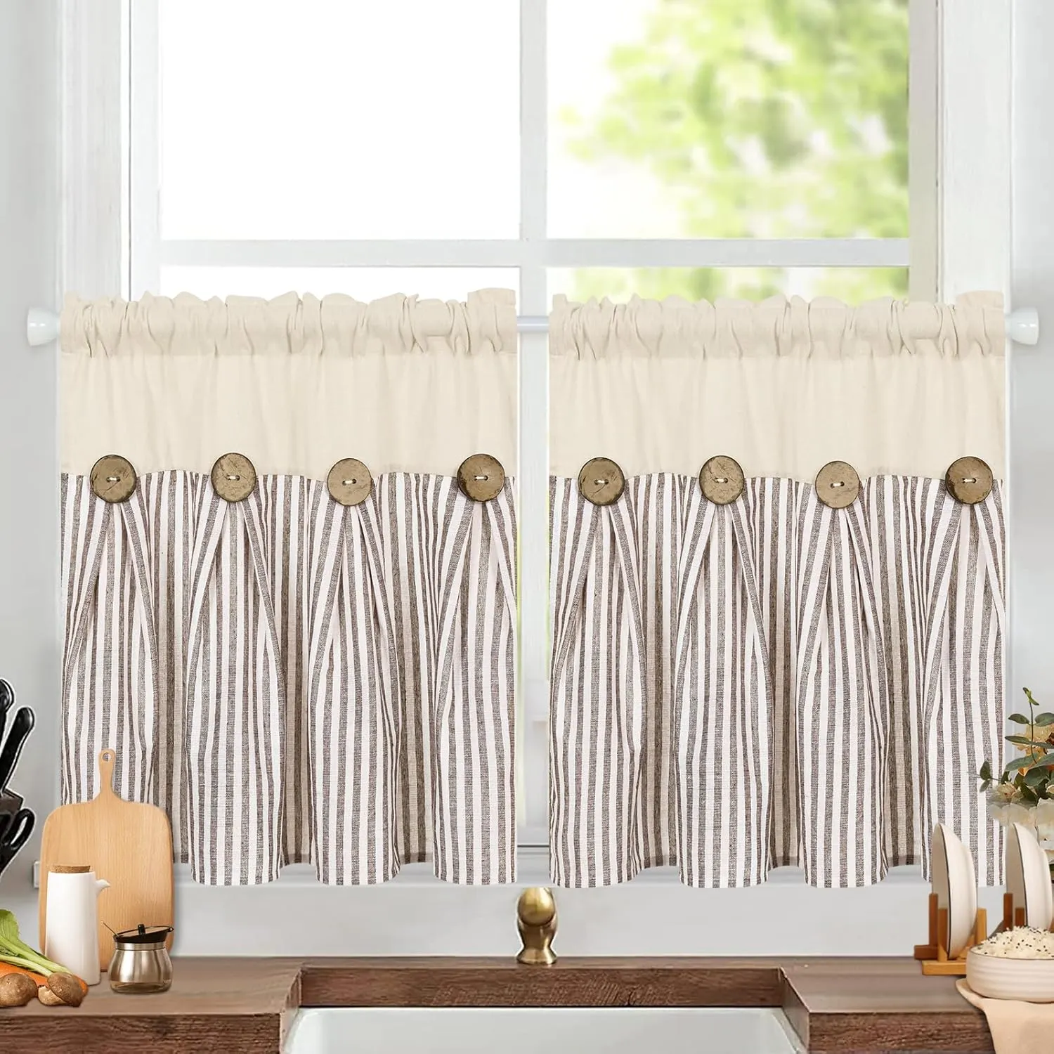 ASPMIZ Cotton Linen Kitchen Curtains 24 Inch Length Tier Curtain for Small Window Treatment, Boho Button Half Window Curtain Farmhouse, Brown Stripe Rod Pocket Short Curtains for Window Cafe Bathroom