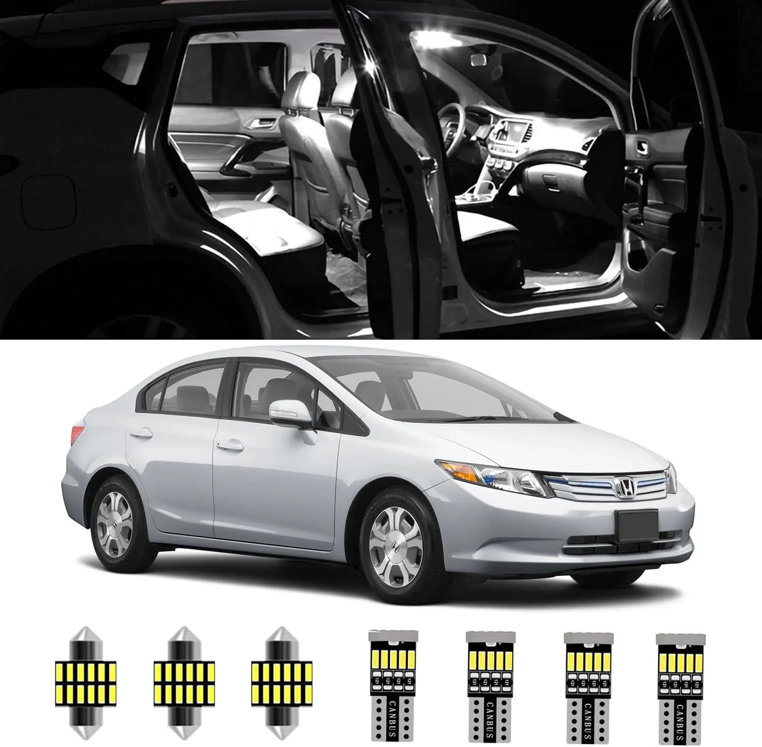 AWALITED 7pcs White Interior LED Lights Kit for 2006-2015 Honda Civic Sedan Coupe Hatchback Super Bright LED Map Dome Cargo Replacement Light Bulbs
