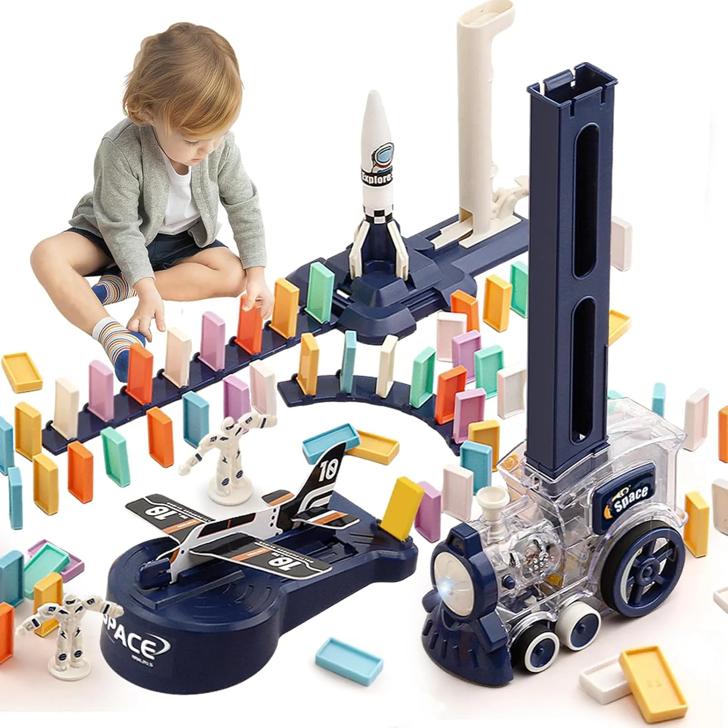 B-Qtech 200pcs Domino Train Toy for Kids Airplane Rocket Launcher Electric Train Dominoes Blocks Set Creative Kids Games Gift for Boy Girl Ages 3-8
