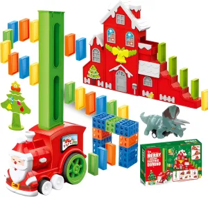 B-Qtech Domino Train Toy Set for Kids Christmas House, Automatic Electric Domino Train Dominoes Blocks Stacking Toys Creative Games New Year Gifts for Kids Boys Grils Ages 3-5 5-8