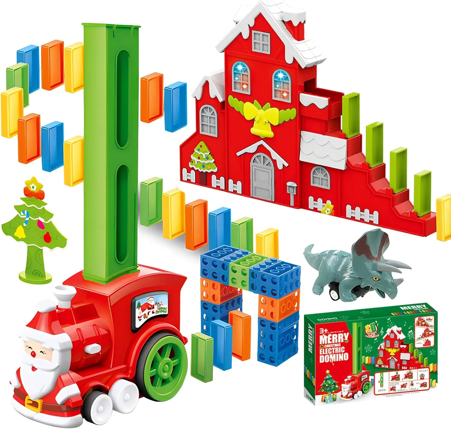 B-Qtech Domino Train Toy Set for Kids Christmas House, Automatic Electric Domino Train Dominoes Blocks Stacking Toys Creative Games New Year Gifts for Kids Boys Grils Ages 3-5 5-8