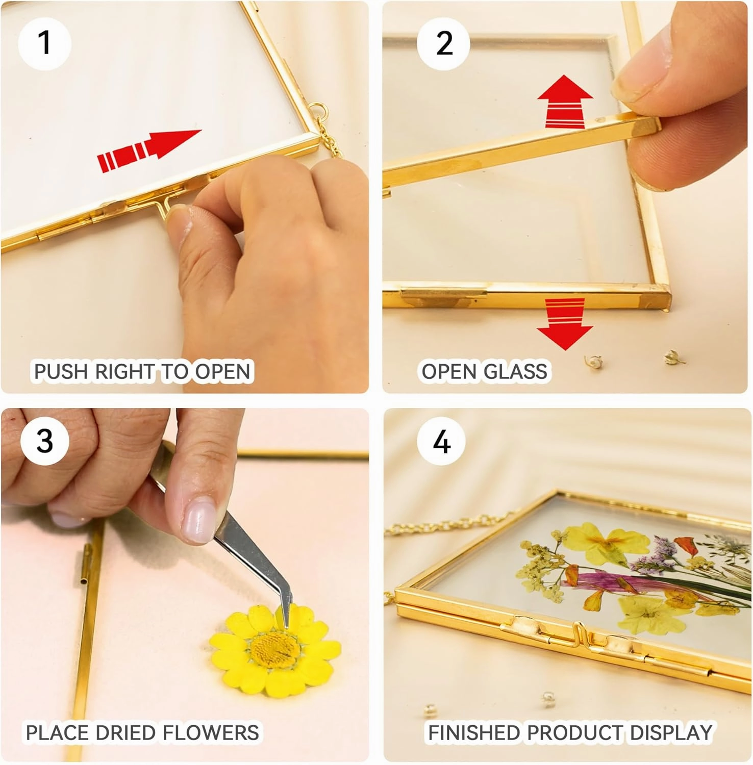 BABUFINE 3 Pcs Pressed Flower Frames with Tweezers, Double Glass Wall Hanging for Pressed Flowers, Brass Picture Frames with Metal Chain for Dried Flowers Plants Artwork Display