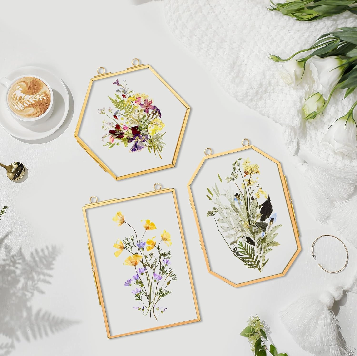 BABUFINE 3 Pcs Pressed Flower Frames with Tweezers, Double Glass Wall Hanging for Pressed Flowers, Brass Picture Frames with Metal Chain for Dried Flowers Plants Artwork Display