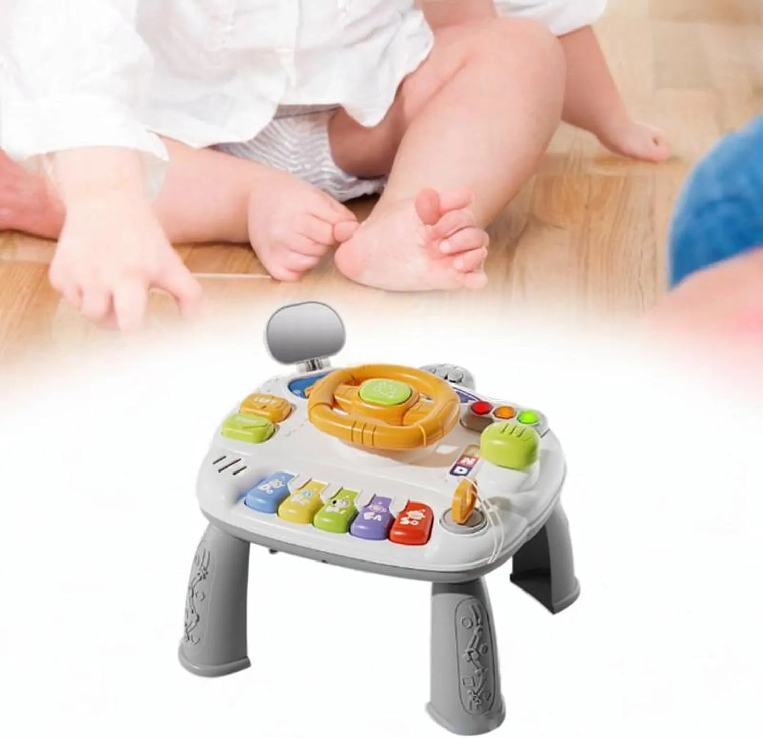 Baby Activity Table Musical Toys Detachable Leg Interactive Toys Turn Signals Steering Wheel Toy for Boys Birthday Gifts Kids, Gray