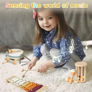 Baby Musical Instruments, 7 Pcs Set Montessori Musical Toys, Musical Instruments for Toddlers 3 , Neutral Colors Wooden Percussion Instruments Set, Suitable for Education for 3  Children