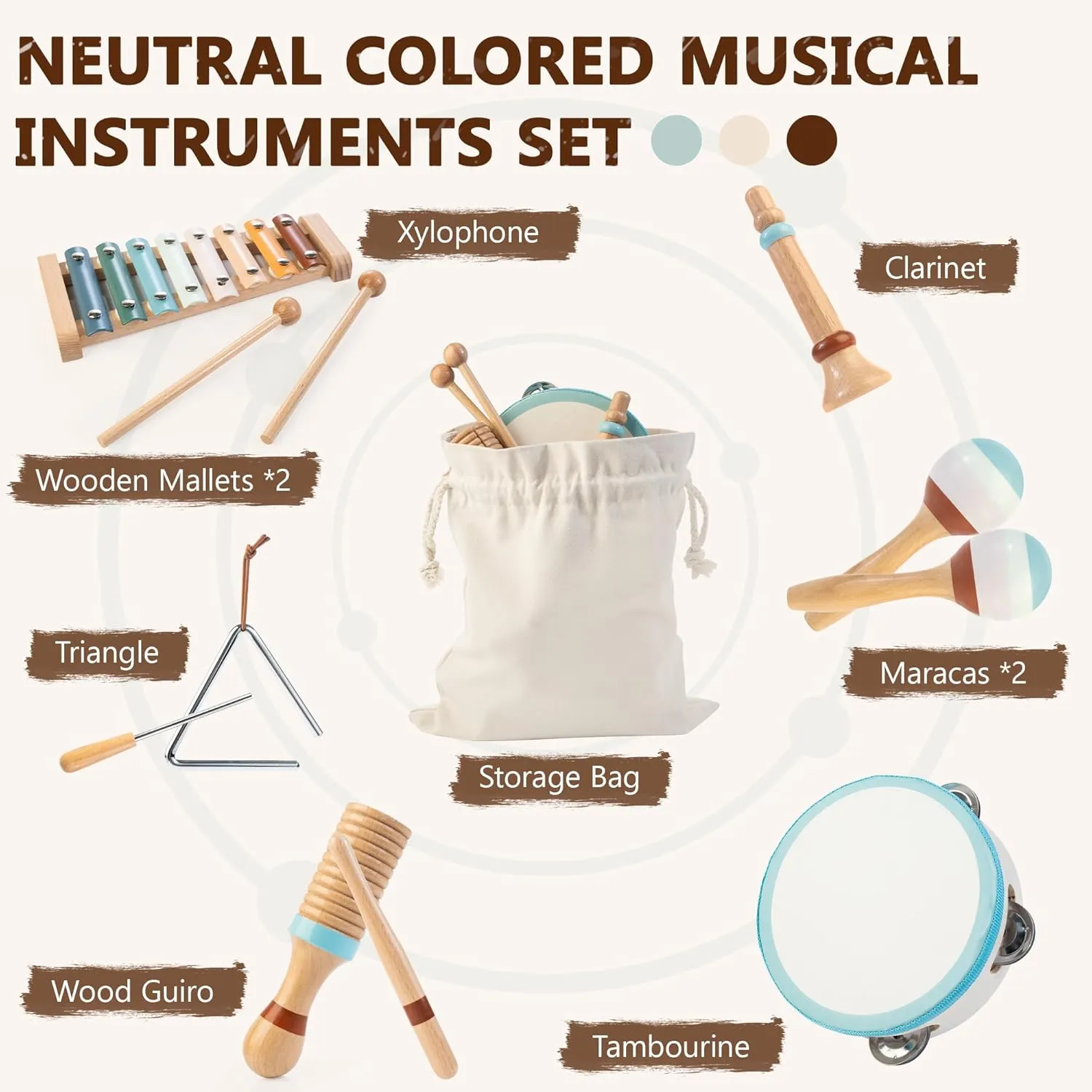 Baby Musical Instruments | Montessori Wooden Toys for Toddlers, Neutral Color Percussion Instruments Set with Modern Boho Xylophone Tambourine, Educational Musical Toys for Boys Girls 3 