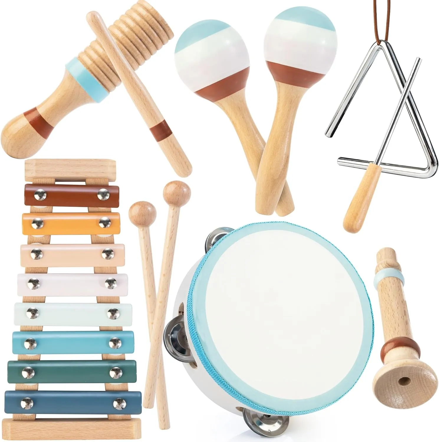 Baby Musical Instruments | Montessori Wooden Toys for Toddlers, Neutral Color Percussion Instruments Set with Modern Boho Xylophone Tambourine, Educational Musical Toys for Boys Girls 3 