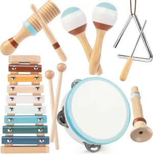 Baby Musical Instruments | Montessori Wooden Toys for Toddlers, Neutral Color Percussion Instruments Set with Modern Boho Xylophone Tambourine, Educational Musical Toys for Boys Girls 3 