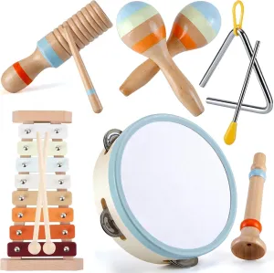 Baby Musical Instruments Set – Montessori Wooden Music Toys for Toddlers & Kids with Xylophone, Tambourine & More – Boho Percussion Set for Kids Preschool Educational, BPA-Free, Age 1-3