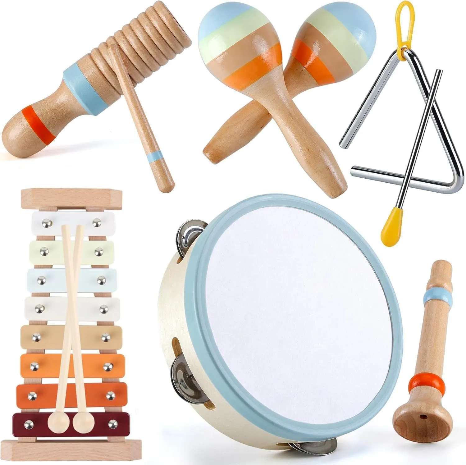 Baby Musical Instruments Set – Montessori Wooden Music Toys for Toddlers & Kids with Xylophone, Tambourine & More – Boho Percussion Set for Kids Preschool Educational, BPA-Free, Age 1-3
