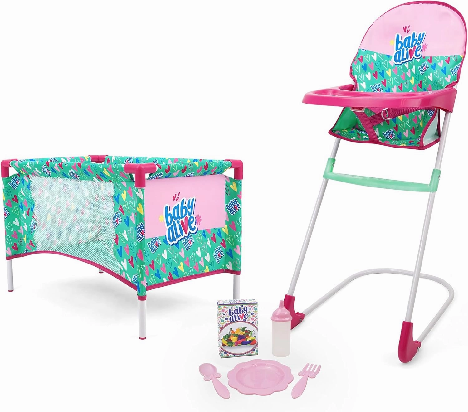 Baby Alive: at Home Set - 7pcs - Green, Pink, Hearts - Play Yard, Highchair, Feeding Accessories, Playset for Dolls Up to 18", Kids Toy, Ages 3 