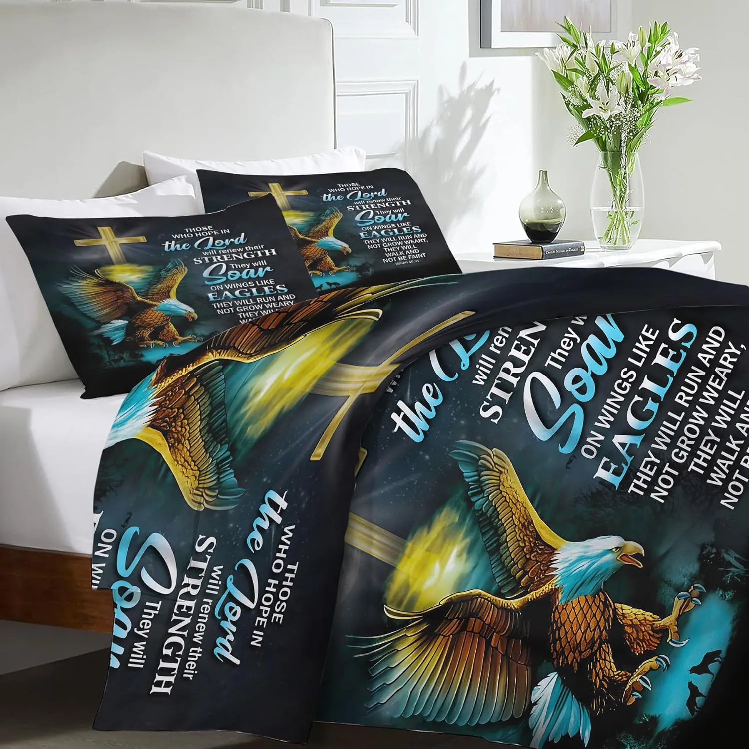 Bald Eagle Bedding Set 3 Pieces Twin Size Christian Duvet Cover Eagle Comforter Cover Sets with 2 Pillowcases for Boys Girls Teens Men Women