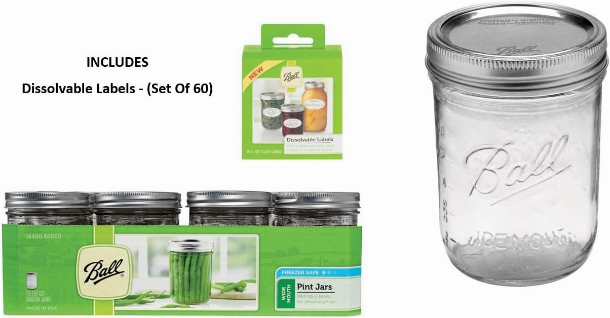 Ball Mason PINT Jars Wide-Mouth Can or Freeze with Lids and Bands, Set of 12,   Dissolvable Labels - (Set Of 60)