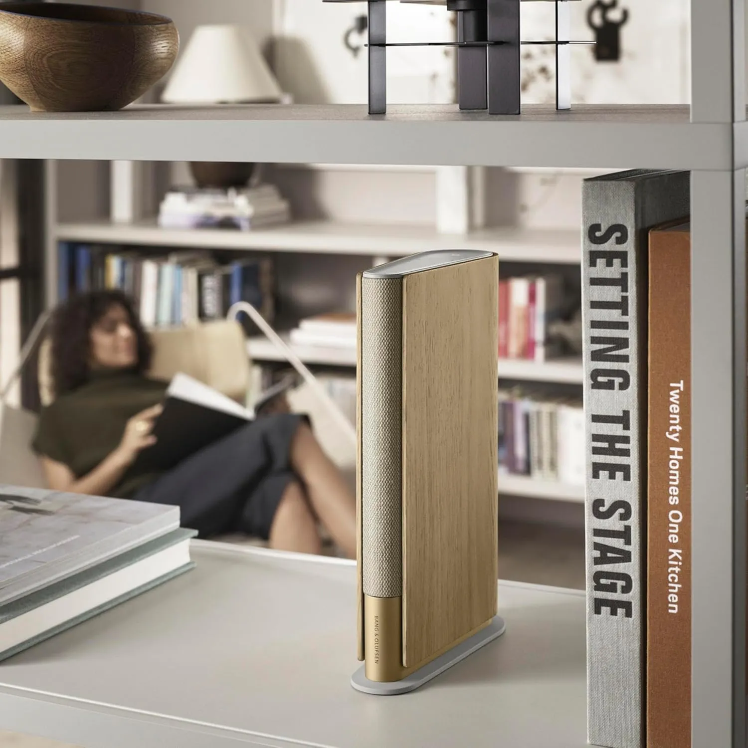 Bang & Olufsen Beosound Emerge Bookshelf Wi-Fi Speaker, Gold Tone/Light Oak