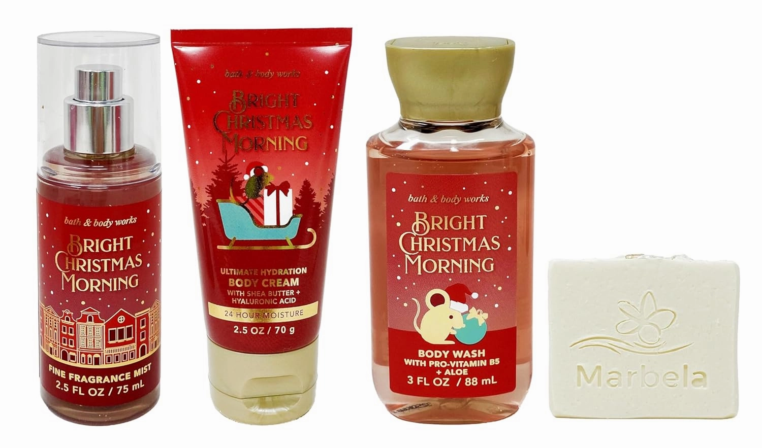 Bath & Body Works Bright Christmas Morning - Trio Gift Set Travel Size - Fine Fragrance Mist, Body Cream and Body Wash with a Natural Oats Sample Soap.