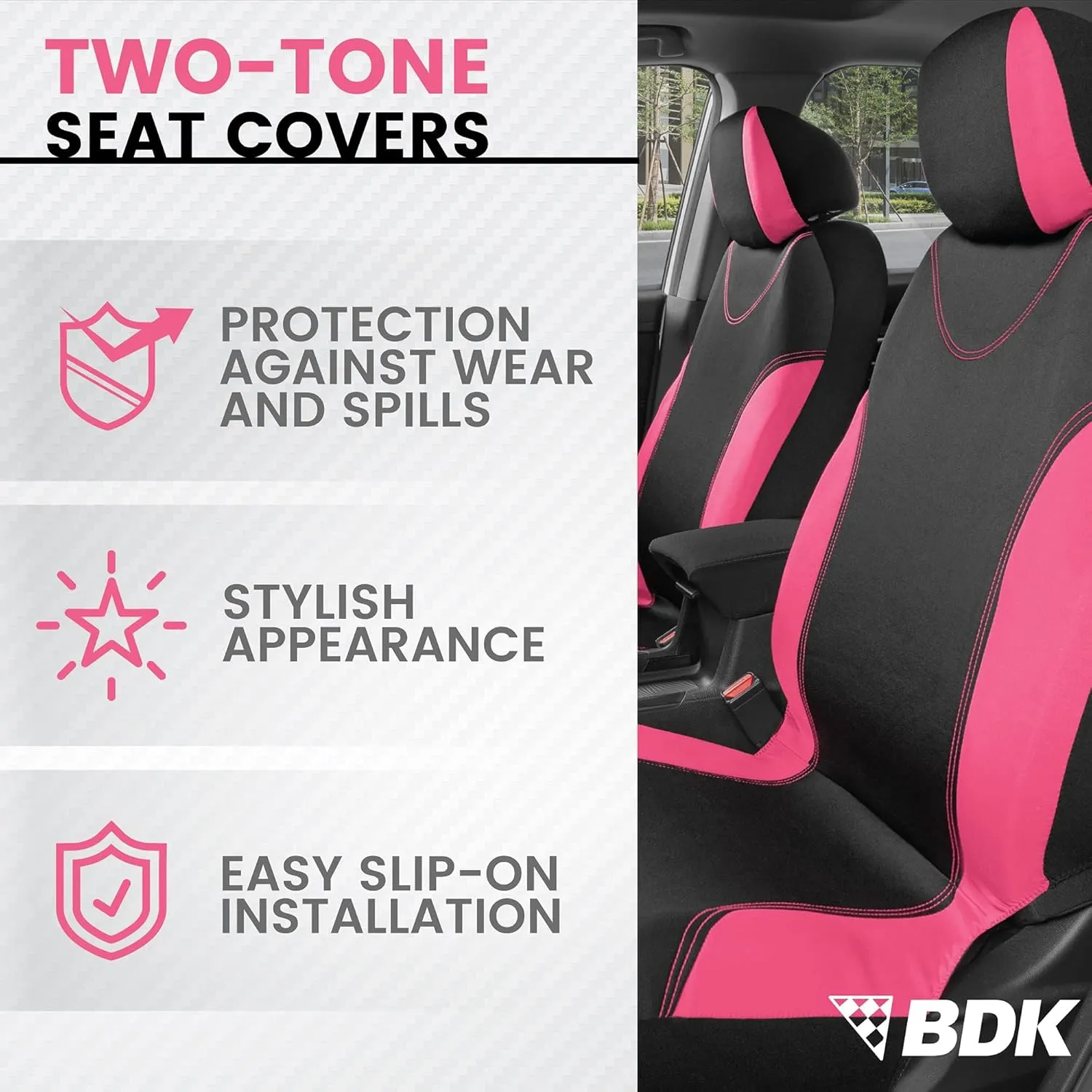 BDK UltraSleek Pink Seat Covers for Cars, Two-Tone Front with Matching Back Car Seat Cover, Made to Fit Most Auto Truck Van SUV, Interior Car Accessories, Full Set