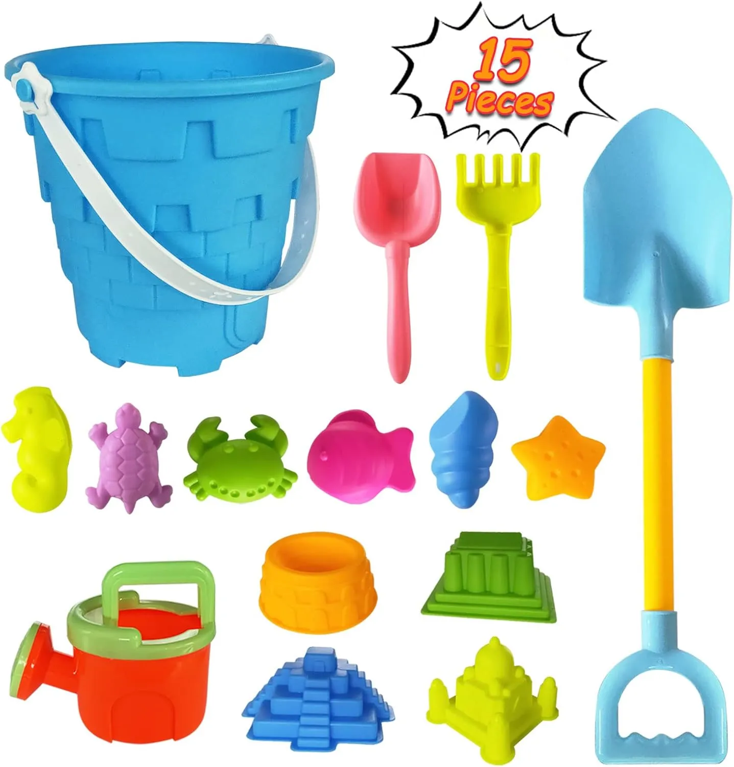 Beach Sand Toy Set for Kids, 15PCS Sand Toys with Beach Bucket, Watering Can, Big Shovel, Rake, Sea Animal Molds Sand Castle Building Kit for Boys, Girls, Toddlers