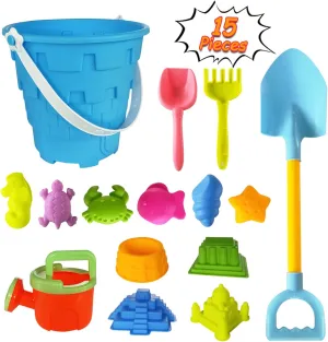 Beach Sand Toy Set for Kids, 15PCS Sand Toys with Beach Bucket, Watering Can, Big Shovel, Rake, Sea Animal Molds Sand Castle Building Kit for Boys, Girls, Toddlers