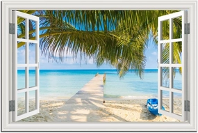 Beach Canvas Wall Art Pictures Decor for Living Room White Window Frame Style Ocean Landscape Painting for Bedroom Blue Seacape Art Print for Bathroom Coastal Artwork for Home Decorations24x36inch