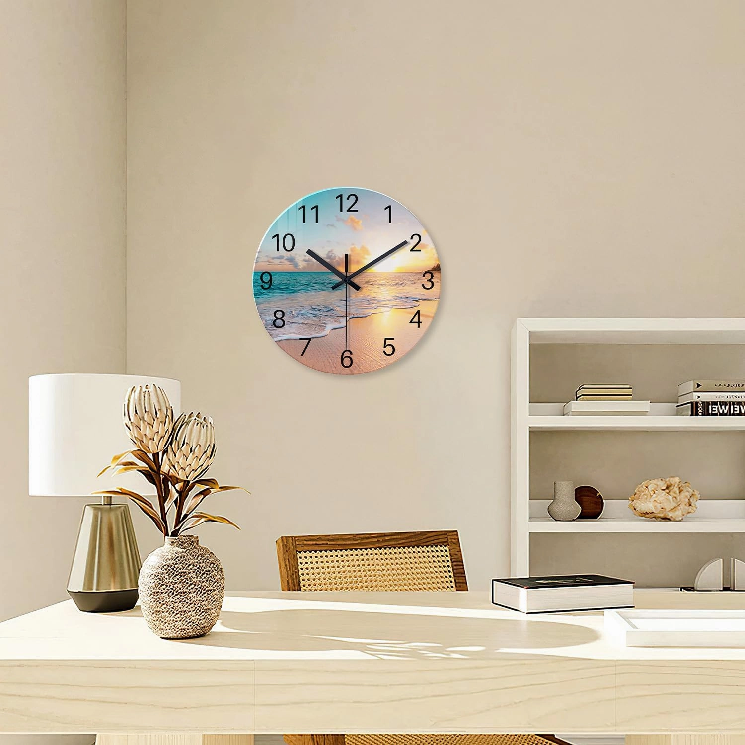 Beach Wall Clock Battery Operated 12 Inch Glass Wall Clock Non Ticking Analog Blue Wall Clock for Bedroom