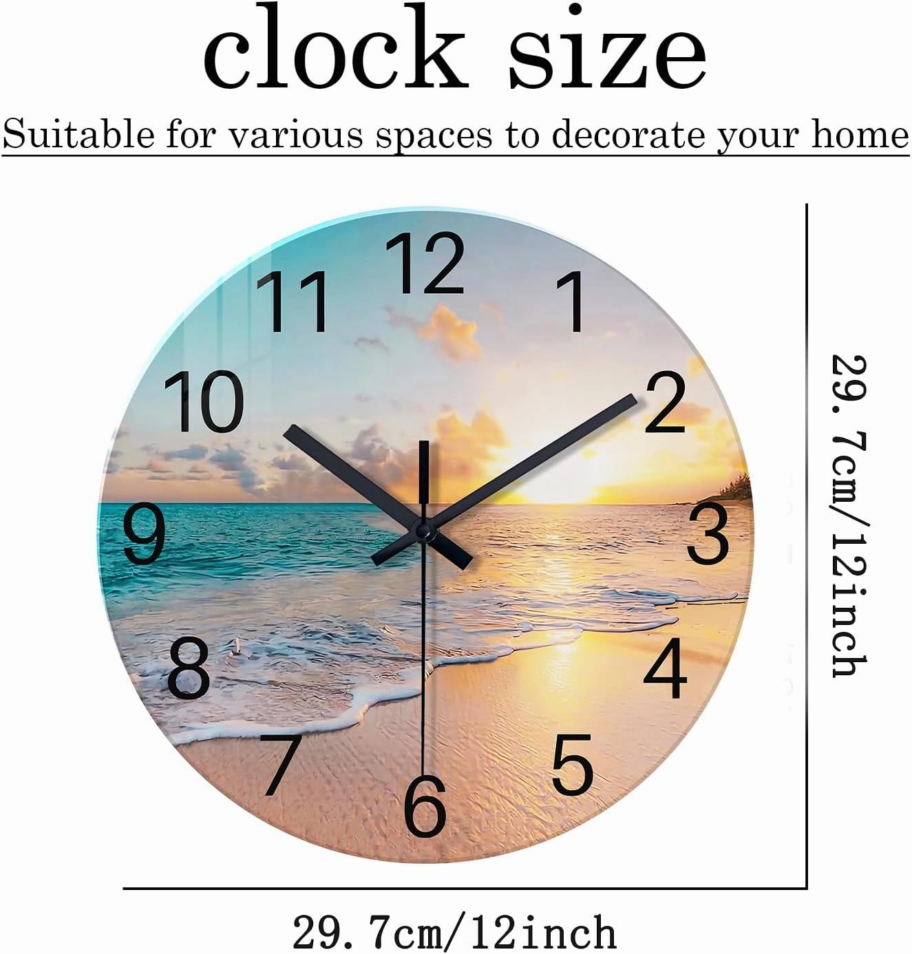 Beach Wall Clock Battery Operated 12 Inch Glass Wall Clock Non Ticking Analog Blue Wall Clock for Bedroom