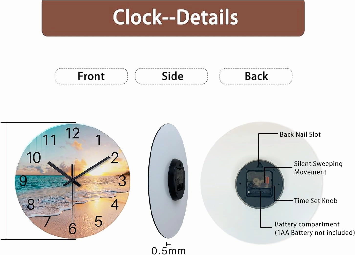 Beach Wall Clock Battery Operated 12 Inch Glass Wall Clock Non Ticking Analog Blue Wall Clock for Bedroom