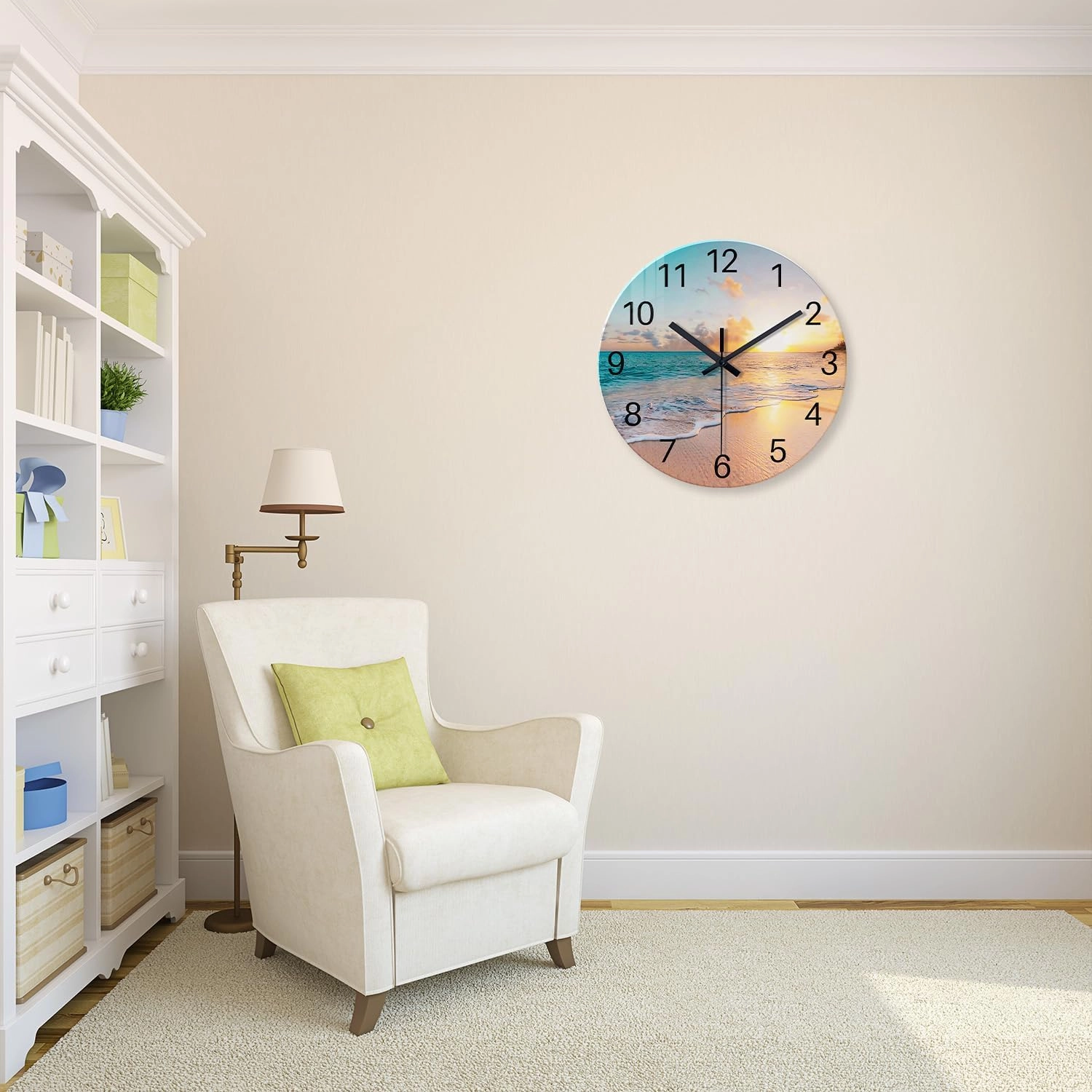 Beach Wall Clock Battery Operated 12 Inch Glass Wall Clock Non Ticking Analog Blue Wall Clock for Bedroom