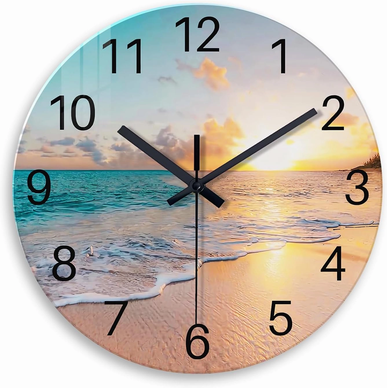 Beach Wall Clock Battery Operated 12 Inch Glass Wall Clock Non Ticking Analog Blue Wall Clock for Bedroom