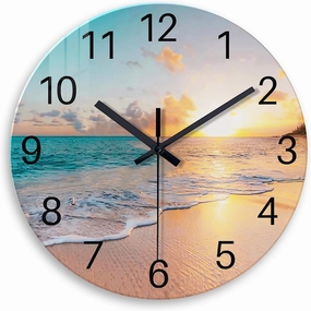 Beach Wall Clock Battery Operated 12 Inch Glass Wall Clock Non Ticking Analog Blue Wall Clock for Bedroom