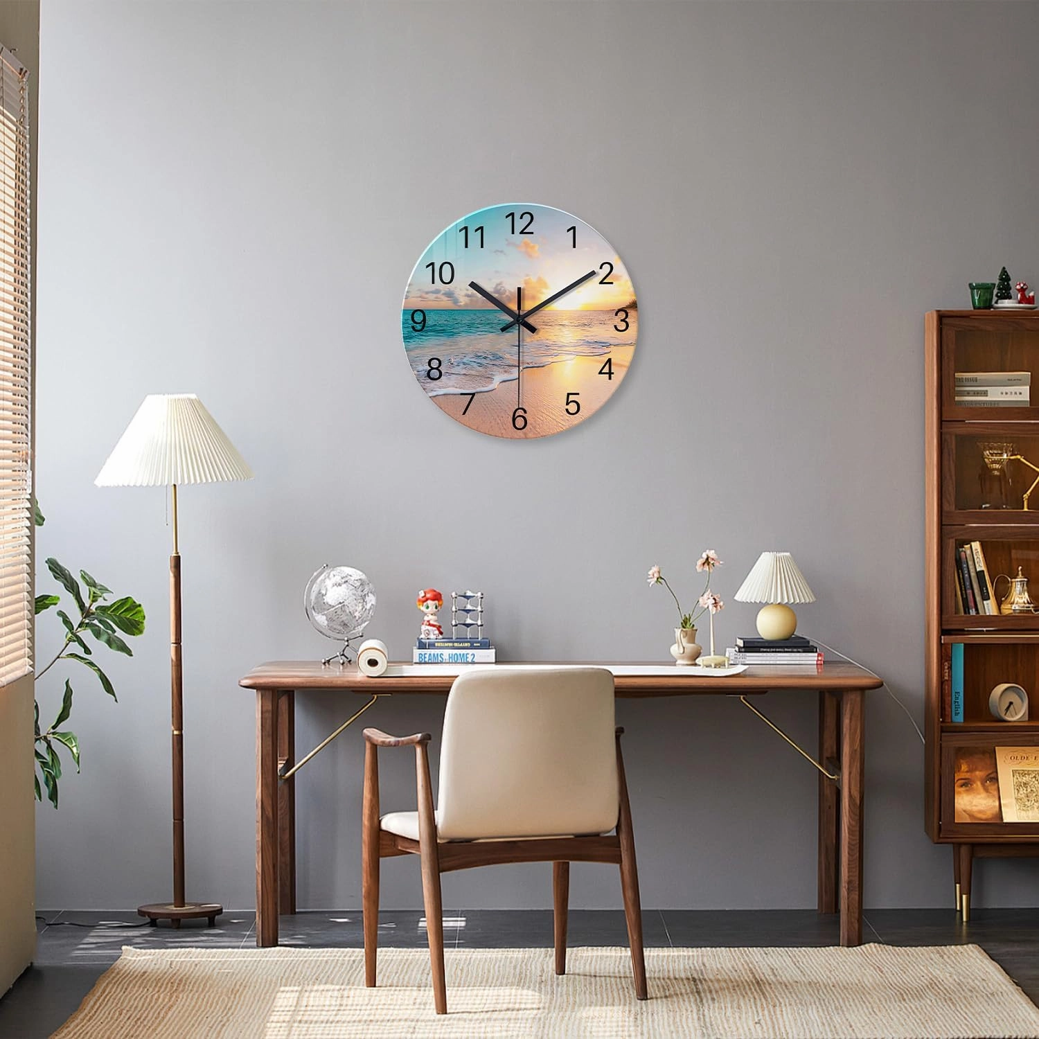 Beach Wall Clock Battery Operated 12 Inch Glass Wall Clock Non Ticking Analog Blue Wall Clock for Bedroom