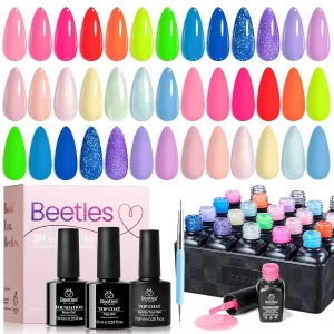Beetles Summer Gel Nail Polish Set - Neon Bright Colors Red Hot Pink Glitter Gel Polish Kit 20pcs with Base Top Coat Soak Off Uv Led Nail Gifts for Women