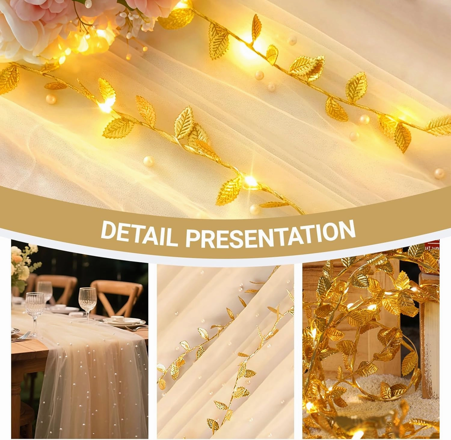 Beige 10 ft Pearl Table Runner with Lights for Wedding irthday Party Decorations