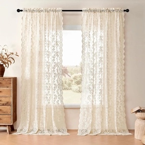 Beige Lace Curtains 96 Inches Long 2 Panels Paisley Floral Sheer Curtains for Living Room Girls Bedroom Rod Pocket Light Filtering Shabby Chic Curtains Large Window Decor Vintage Drapes, 52x96