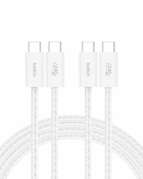 Belkin Braided USB-C to USB-C Cable (2M, 240W) - Soft, Flexible Fast-Charging Cable, Type C Charger Cord for iPhone 16 & 15 Series, Galaxy S25, Pixel 9, iPad Pro, & More - White (USB 2.0, 2-Pack)