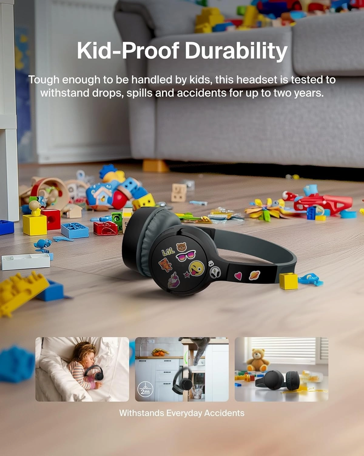 Belkin SoundForm Mini Kids Wireless Headphones w/Built-in Microphone, 30H of Playback Time, & Fun Stickers - Over-Ear Headsets for Online Learning, School, Travel, iPhone, iPad, Galaxy & More - Black