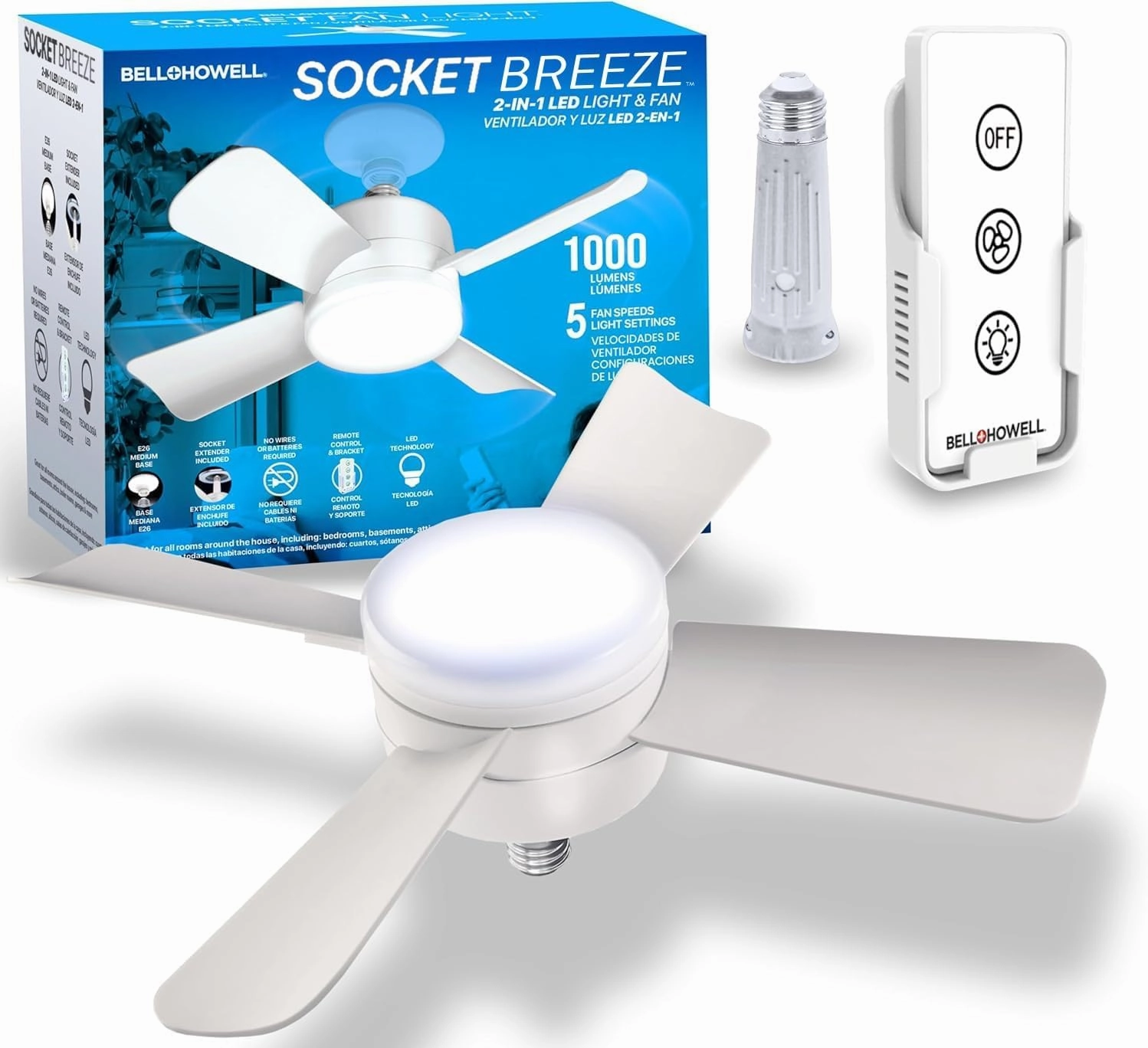 Bell Howell Socket Breeze Light 5-Speed Deluxe LED – Ceiling Fans with Lights and Remote Control – For Bedroom, Kitchen, Living Room,1000 Lumens / 5000 Kelvins As Seen On TV