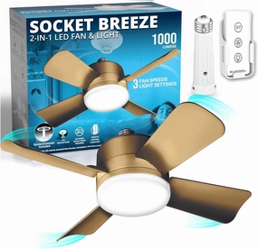 Bell Howell Socket Breeze Socket Fan Light with Remote, Portable Small Ceiling Fans with Lights for Bedroom, Kitchen, Living Room, Ceiling Fan with Light 3500K, 1000 Lumens, Screws into E26/E27