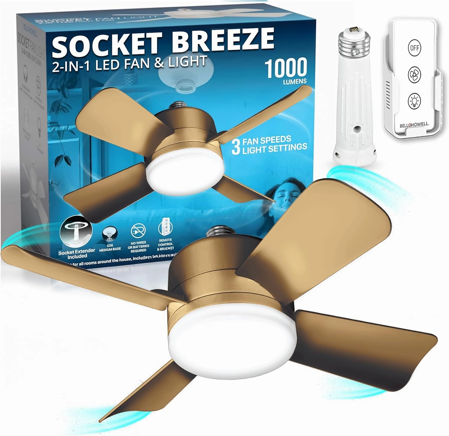 Bell Howell Socket Breeze Socket Fan Light with Remote, Portable Small Ceiling Fans with Lights for Bedroom, Kitchen, Living Room, Ceiling Fan with Light 3500K, 1000 Lumens, Screws into E26/E27