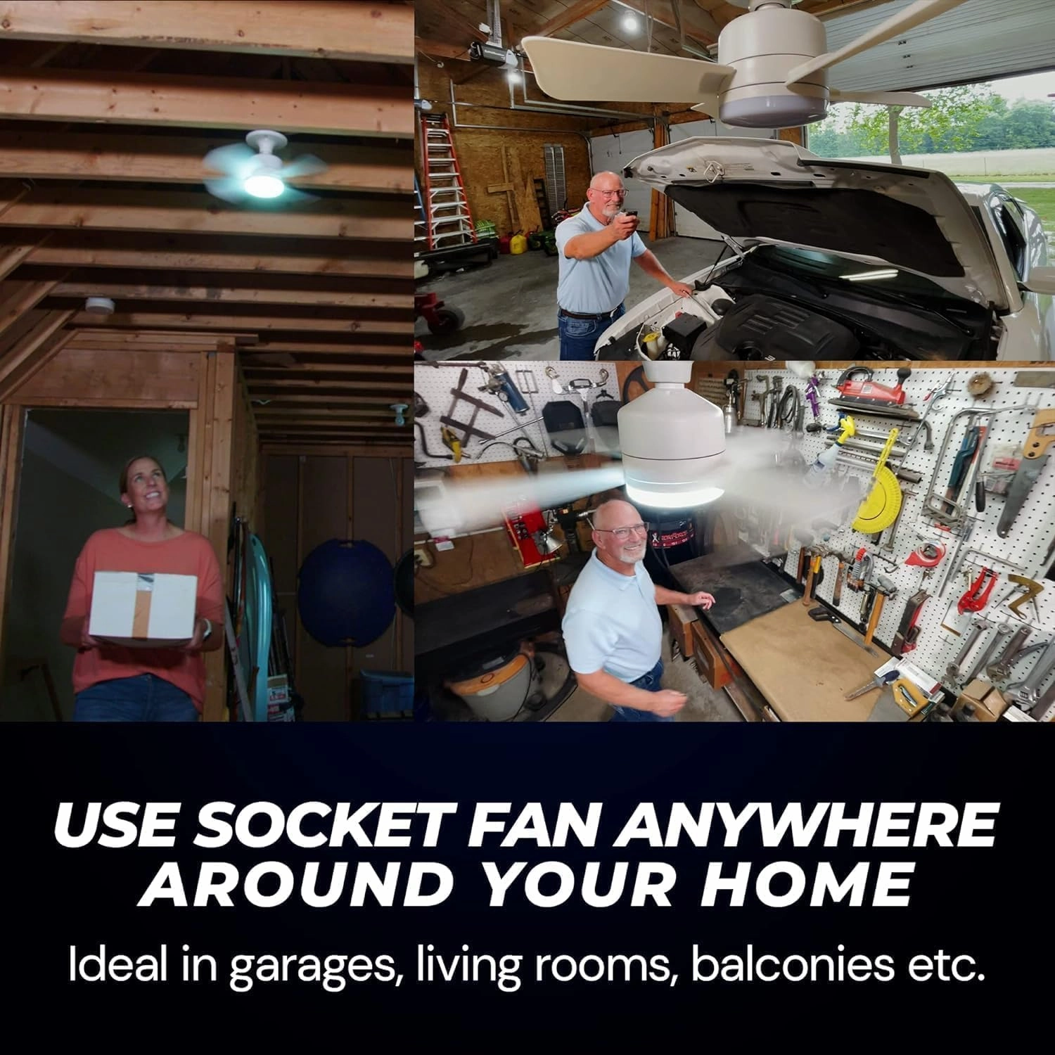 Bell Howell Socket Breeze Socket Fan Light with Remote, Portable Small Ceiling Fans with Lights for Bedroom, Kitchen, Living Room, Ceiling Fan with Light 3500K, 1000 Lumens, Screws into E26/E27, Black