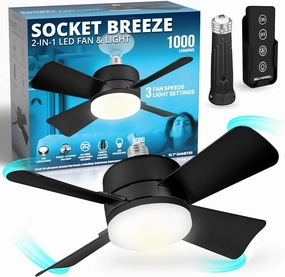Bell Howell Socket Breeze Socket Fan Light with Remote, Portable Small Ceiling Fans with Lights for Bedroom, Kitchen, Living Room, Ceiling Fan with Light 3500K, 1000 Lumens, Screws into E26/E27, Black