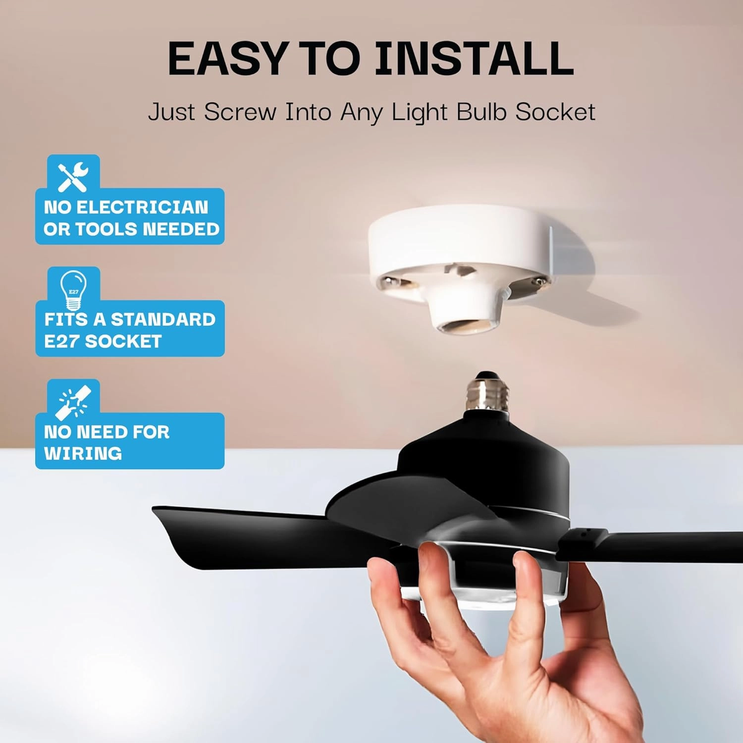 Bell Howell Socket Breeze Socket Fan Light with Remote, Portable Small Ceiling Fans with Lights for Bedroom, Kitchen, Living Room, Ceiling Fan with Light 3500K, 1000 Lumens, Screws into E26/E27, Black