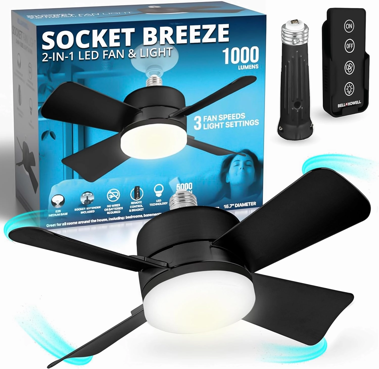 Bell Howell Socket Breeze Socket Fan Light with Remote, Portable Small Ceiling Fans with Lights for Bedroom, Kitchen, Living Room, Ceiling Fan with Light 3500K, 1000 Lumens, Screws into E26/E27, Black