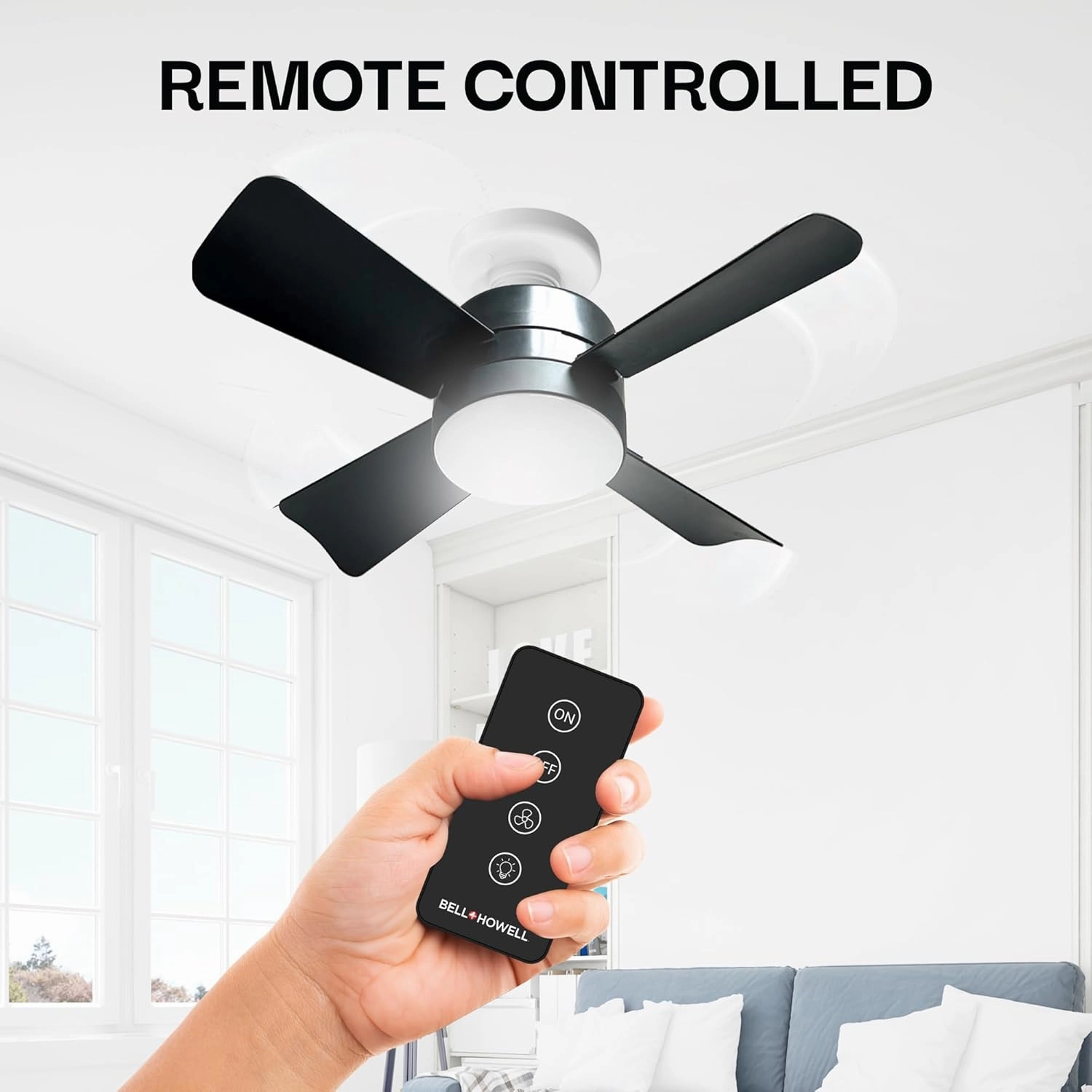 Bell Howell Socket Breeze Socket Fan Light with Remote, Portable Small Ceiling Fans with Lights for Bedroom, Kitchen, Living Room, Ceiling Fan with Light 3500K, 1000 Lumens, Screws into E26/E27, Black