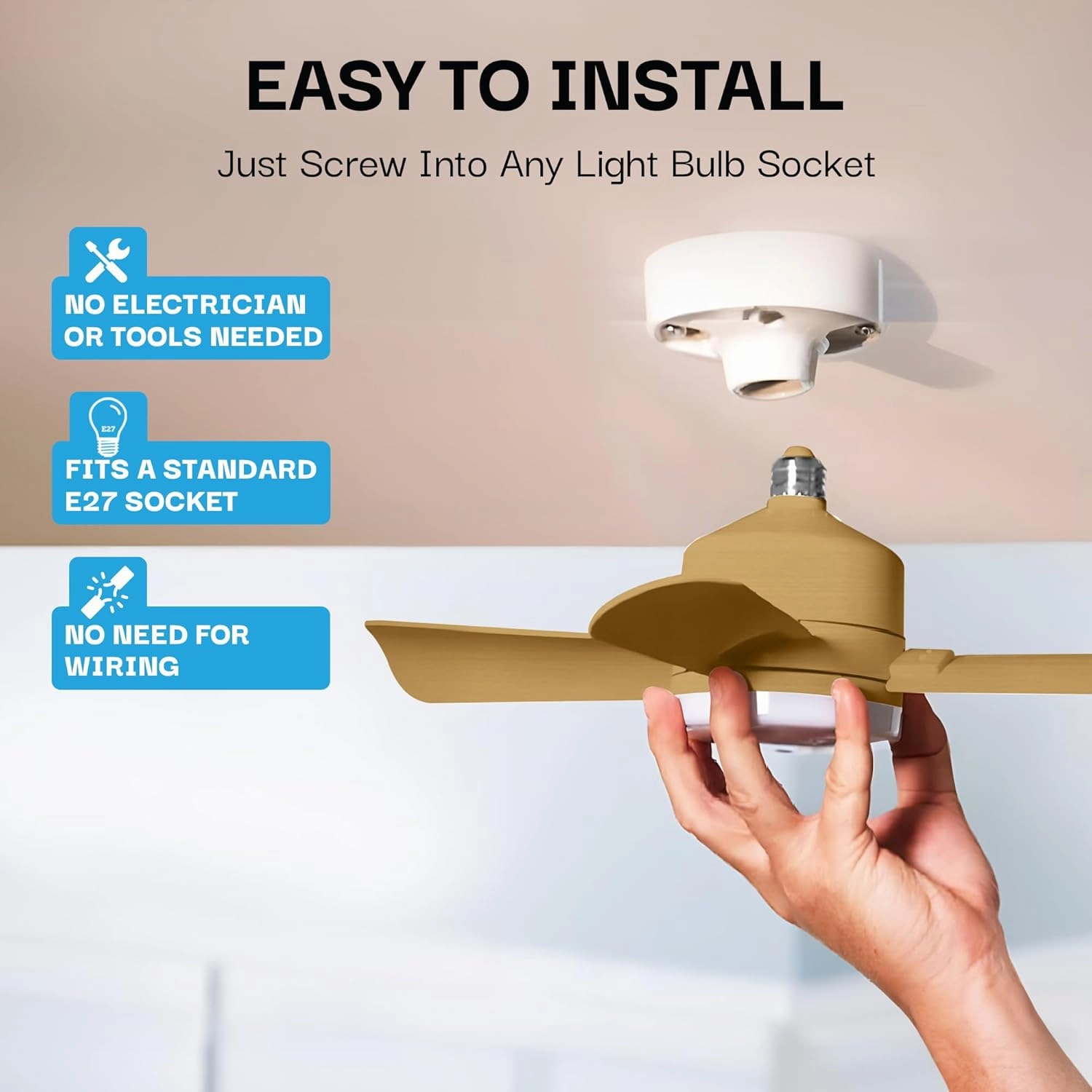 Bell Howell Socket Breeze Socket Fan Light with Remote, Portable Small Ceiling Fans with Lights for Bedroom, Kitchen, Living Room, Ceiling Fan with Light 3500K, 1000 Lumens, Screws into E26/E27