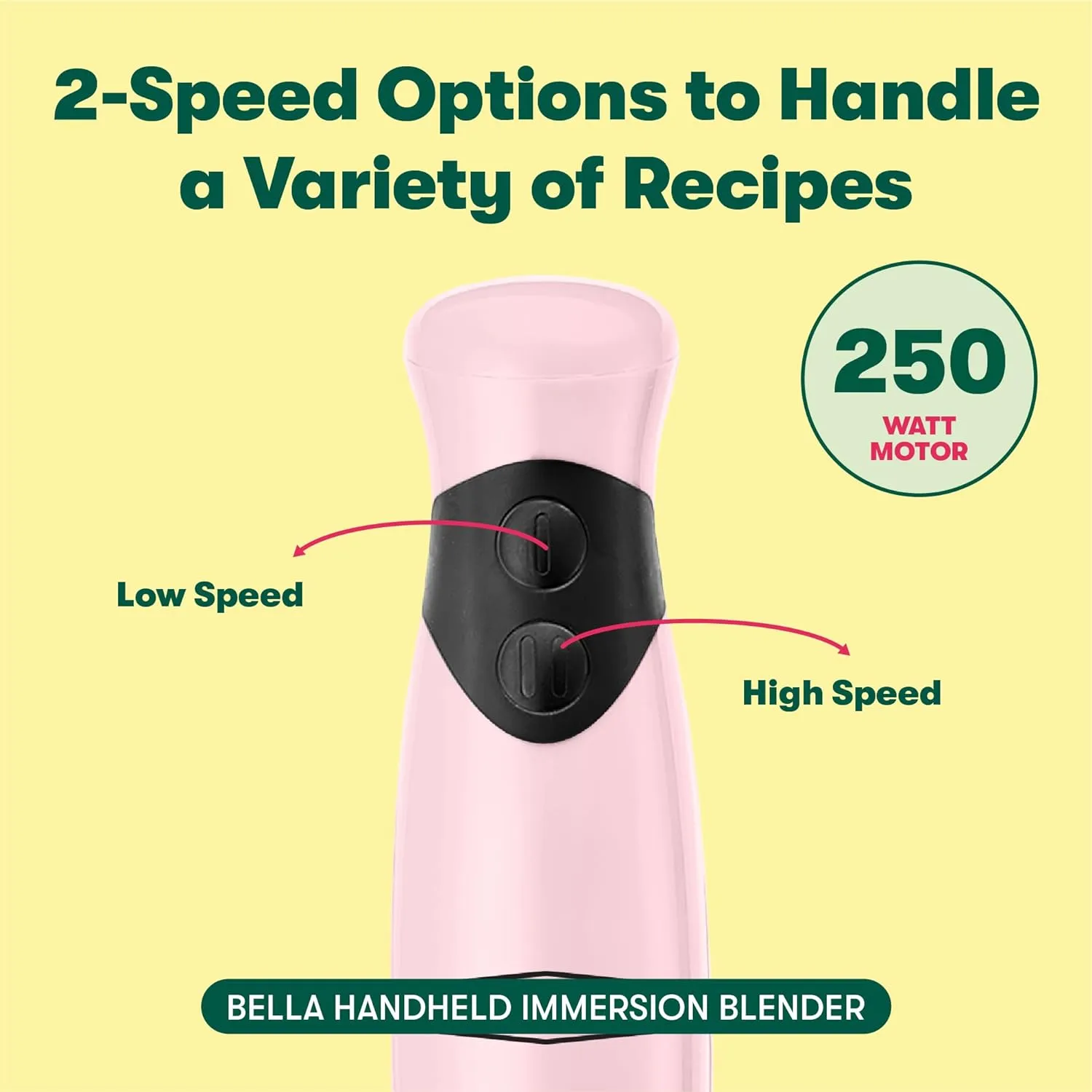 BELLA Immersion Hand Blender, Portable Mixer with Whisk Attachment - Electric Handheld Juicer, Shakes, Baby Food and Smoothie Maker, Stainless Steel, Pink