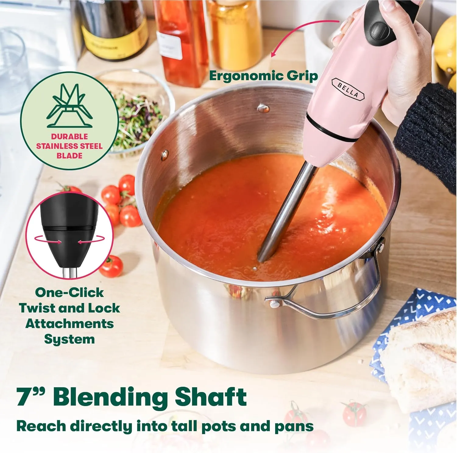 BELLA Immersion Hand Blender, Portable Mixer with Whisk Attachment - Electric Handheld Juicer, Shakes, Baby Food and Smoothie Maker, Stainless Steel, Pink