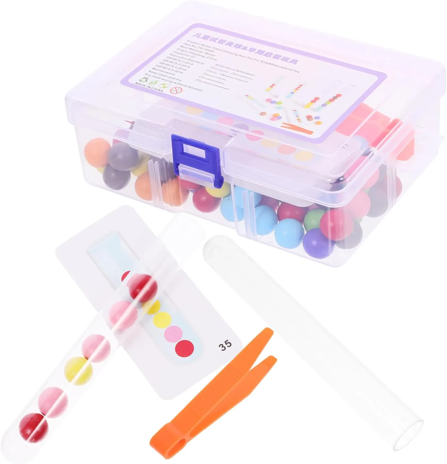 BESPORTBLE 1Set Wooden Beads Fine Motor Skills Development for Year Olds Beads with Clips Tubes Balls Task Cards Storage Box Included